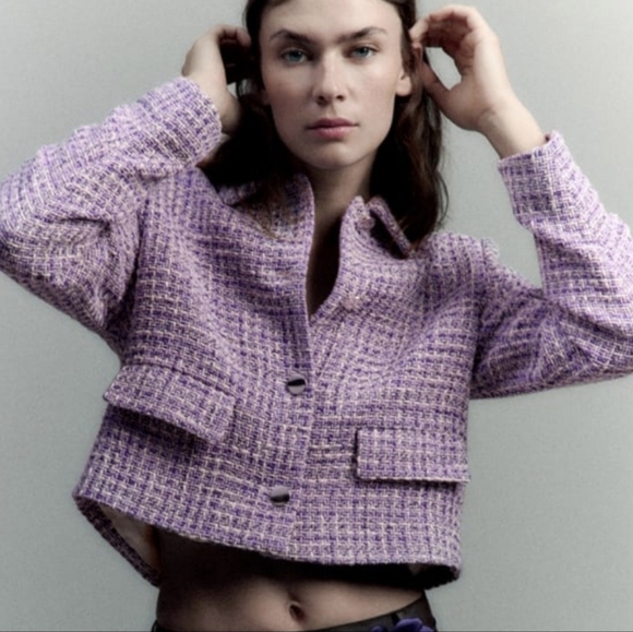Zara, New, Purple Tweed Textured Fitted Preppy Cropped Blazer Jacket SZ Large - Picture 4 of 14